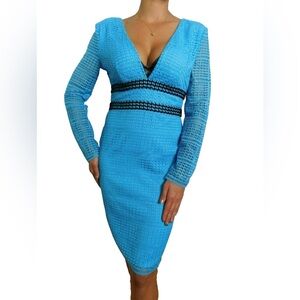 Diane Von Furstenberg Long Sleeve Viera Aztec Blue/Black Geo Lace Dress ZB7
